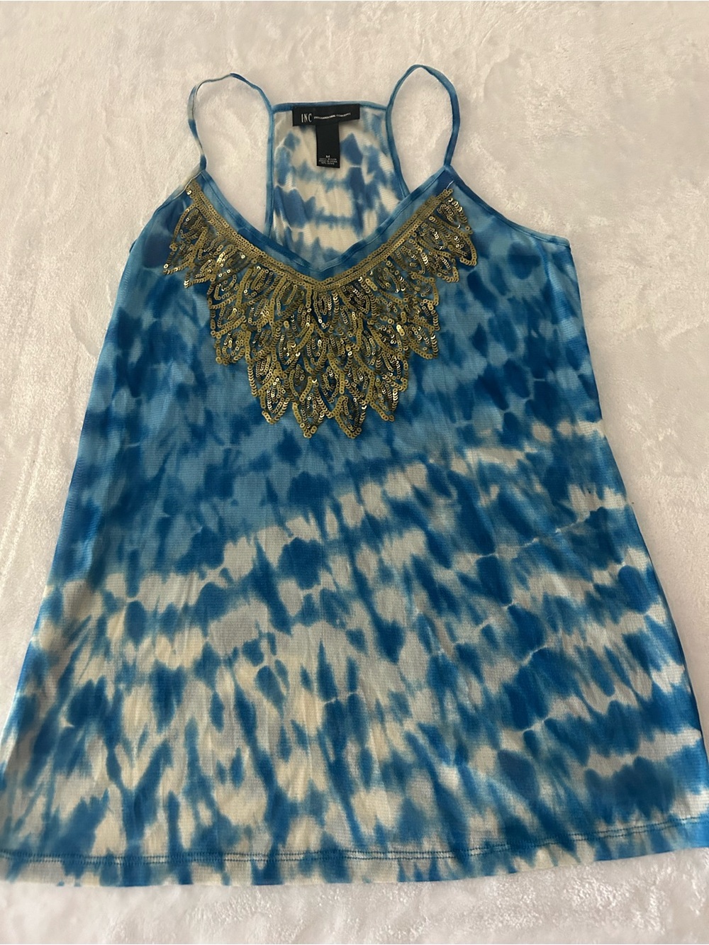 INC International Concepts Blue Tie-Dye Beaded Boho Tank Top Women’s Medium